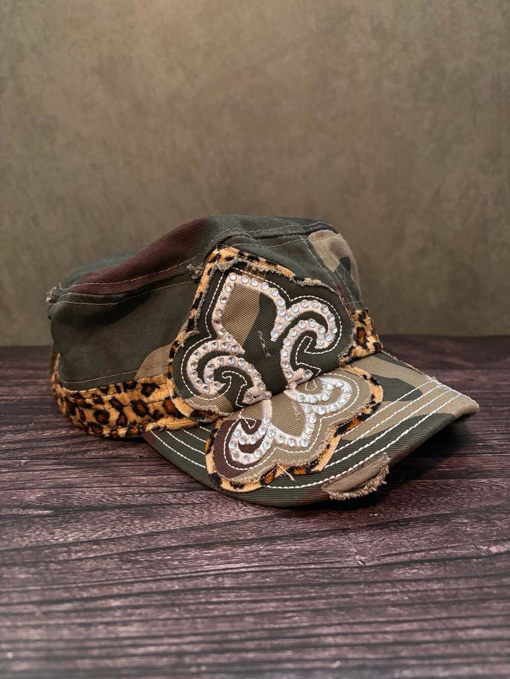Y2K Camouflage Leopard Print Fleur De Lis Rhinestone